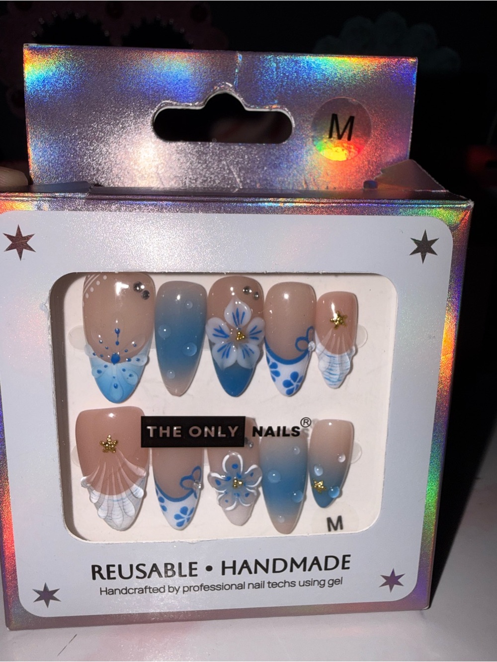 The Only Nails Reuable Handmade Blue Floral Medium Almond Press On Nails